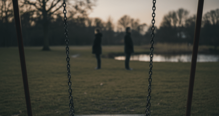 An empty child's swing in a Dutch park at dusk with two adult silhouettes standing apart, symbolising a high-conflict divorce and the vulnerable position of the child caught in between.