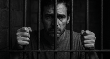 Person behind bars in dim light.