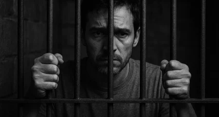 Person behind bars in dim light.