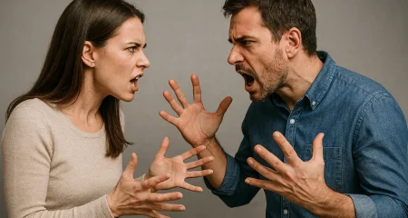 Couple arguing with expressive gestures.