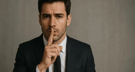 Man in suit holding finger to lips.