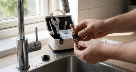 Tenant replacing a tap part above the kitchen sink, with a toolbox in the background