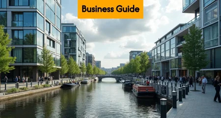 Modern Dutch business district with professionals outside