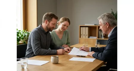 Two clients signing documents at a table while an older man in a suit looks on