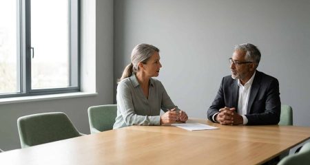 An employer and a lawyer reviewing an IND decision letter at a meeting table