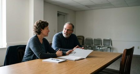 Two people with a folder and a notepad facing an empty chair in a municipal meeting room
