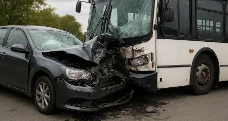 Severe collision between bus and car.