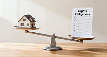 Balance scale weighing a model house against a checklist of rights and obligations