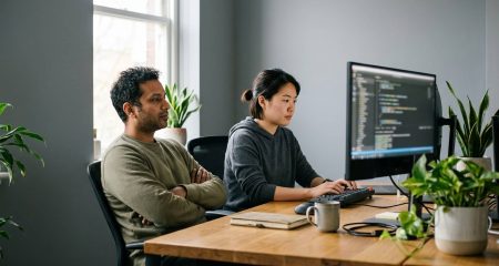 Two developers at one workstation discussing code, one leaning back with arms folded