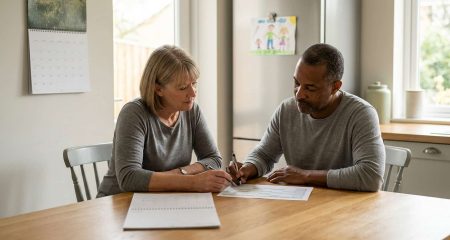 Two parents working through a care schedule and a calendar at a kitchen table