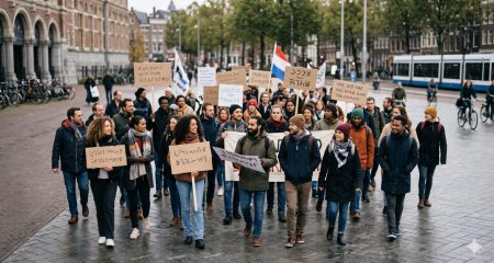 Peaceful demonstration in a city square with people holding banners