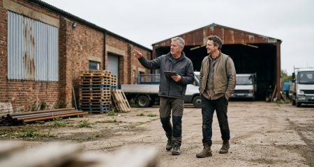 An inspector and a business owner walking across the yard of a small industrial site