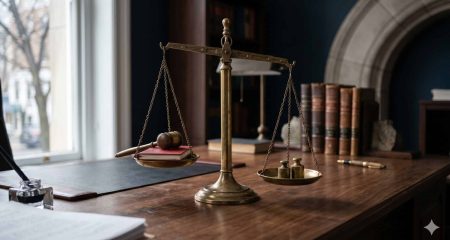Scales of justice with a gavel on a desk, symbolising the legal assessment of police violence