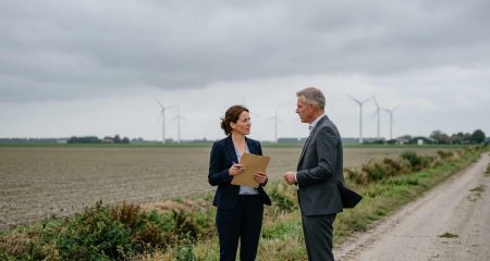 Two people in business clothing at the edge of a Dutch wind farm on flat farmland