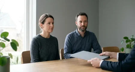 A man and a woman seated at a table opposite an adviser, with a document between them