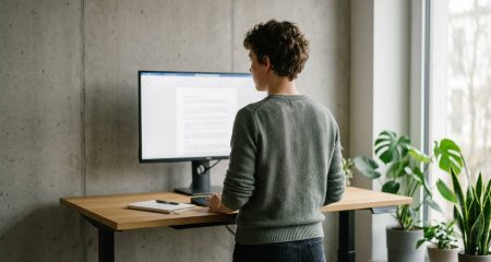 Someone reviewing a long privacy statement on a large monitor at a standing desk
