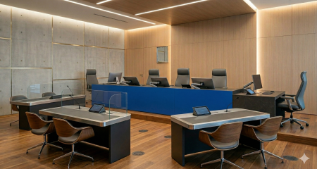 Courtroom. The focal point is a large judge's bench with a sleek, solid blue front, free of any logos or text. The background features a wall of light gray concrete with gold accents and a warm wood-paneled wall with indirect LED lighting. The room is furnished with minimalist desks equipped with integrated screens and microphones, and high-end office chairs.