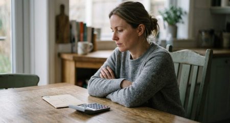 A letter and a calculator on a kitchen table, someone sitting back in the chair