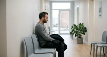 A man sitting alone on a chair in an empty, light-filled hallway with plants