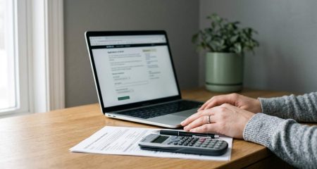 A subsidy application form on a laptop beside a printed permit, a calculator and a pen