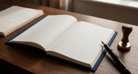 Open blue register book with a fountain pen and company stamp on a desk