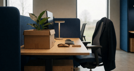 A cleared office desk with a cardboard box, a plant and a coat over the chair on an overcast day.