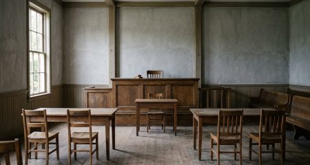 A small, plainly furnished subdistrict courtroom with a table for each party
