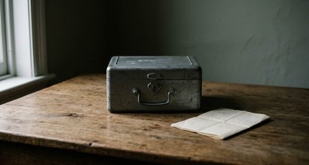 A closed metal deposit box beside a folded document on an oak table