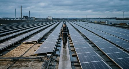 Solar panels covering a large flat industrial roof in the late afternoon light