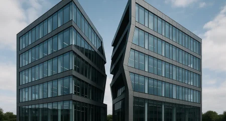 Two modern buildings with angular design.