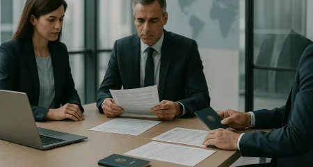 Business meeting with documents and passports.