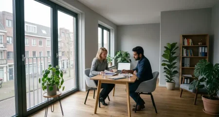 Two people working with a laptop and papers at a table beside large windows in a bright office