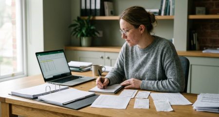 A project manager checking hours records and receipts against a spreadsheet on screen