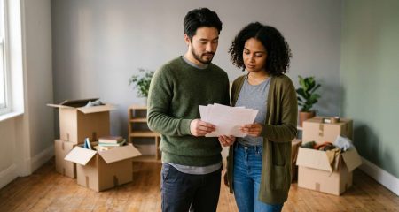 A young couple standing in the living room of a Dutch rental flat holding a document