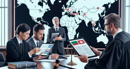 Een moderne rechtszaal waar een rechter en advocaten documenten bespreken met een wereldkaart op de achtergrond die landen markeert.