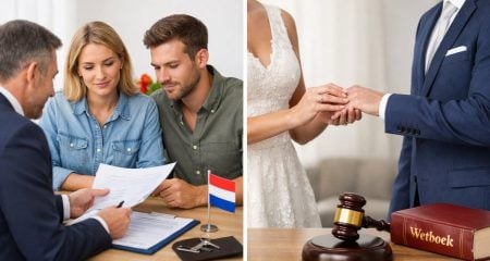 Two couples in separate scenes, one reviewing legal documents with a lawyer, the other exchanging rings in a civil ceremony, with subtle Dutch elements in the background.