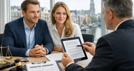 A Dutch couple consulting a lawyer in a bright office with legal documents on the desk and a city view in the background.