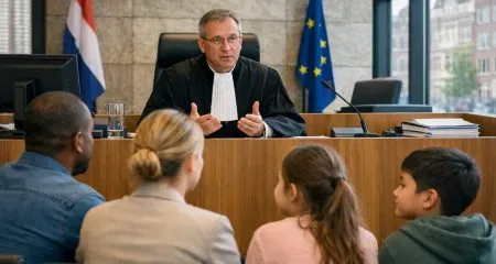 A family with children listening to a judge in a Dutch courtroom discussing legal matters.