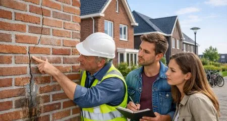 A construction inspector examining defects on a newly built house while a couple listens attentively in a modern Dutch residential area.