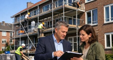 A landlord and tenant discussing documents outside a Dutch apartment building under renovation with workers on scaffolding.