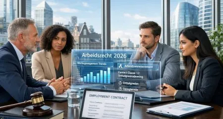 A group of business professionals discussing legal documents around a conference table in a modern office with a city view.