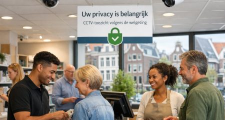 Interior of a modern retail store in the Netherlands with CCTV cameras visible and people shopping and working.