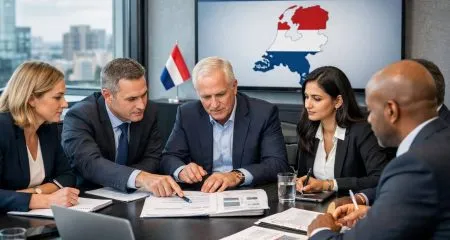 A group of professionals in a modern office meeting room reviewing documents and laptops during a business discussion.