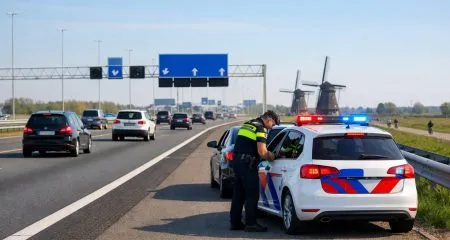 A police officer talking to a driver beside a stopped car on a busy Dutch highway with windmills and road signs in the background.