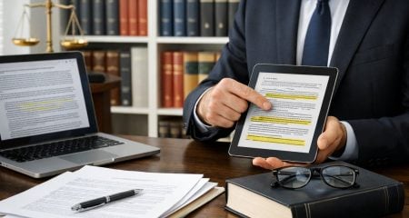 A lawyer in a modern office pointing at a tablet with legal documents and books about Dutch civil litigation on a desk.