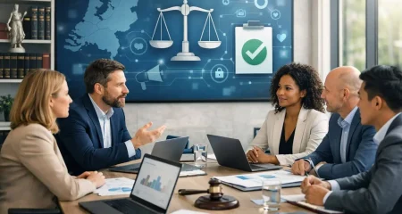 A group of professionals having a meeting in a modern office with laptops and documents, discussing marketing and legal compliance.
