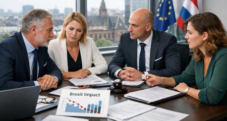 A group of Dutch businesspeople in a modern office discussing legal documents and charts about Brexit.