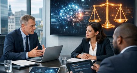 A group of business professionals discussing AI and legal matters around a conference table in a modern office with a digital screen showing AI and justice symbols.