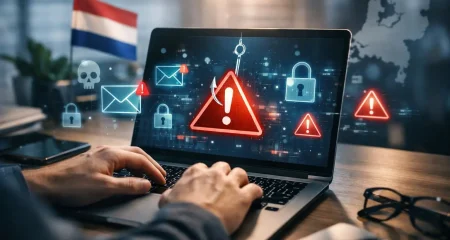 A person typing on a laptop showing a phishing warning, surrounded by digital icons representing online fraud, with subtle Dutch elements in the background.