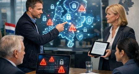A group of business professionals discussing cybersecurity and legal responsibility in an office with a digital map of the Netherlands showing security icons.